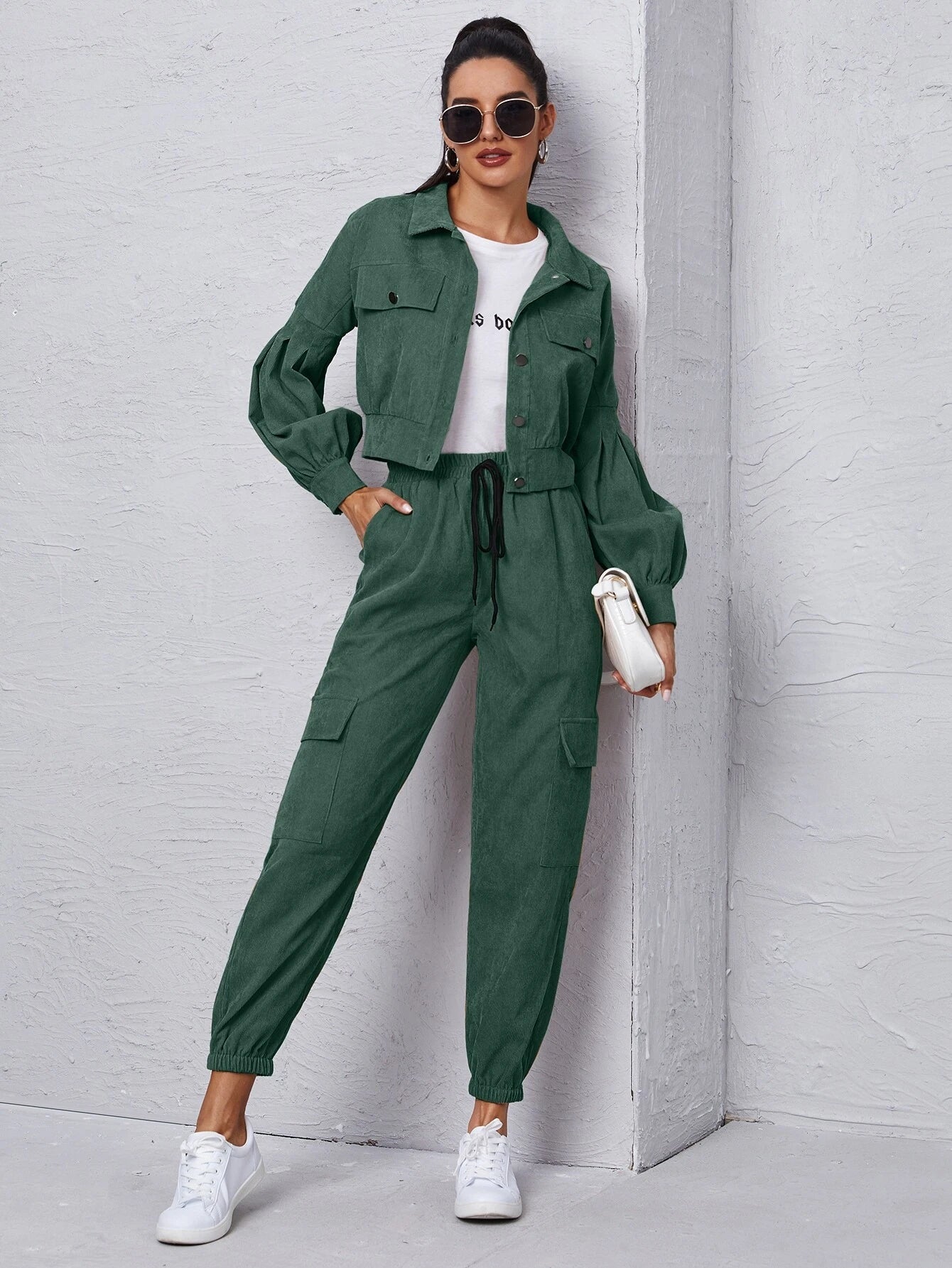 Mulvari Corduroy Flap Detail Jacket With Tie Front Cargo Pants shein