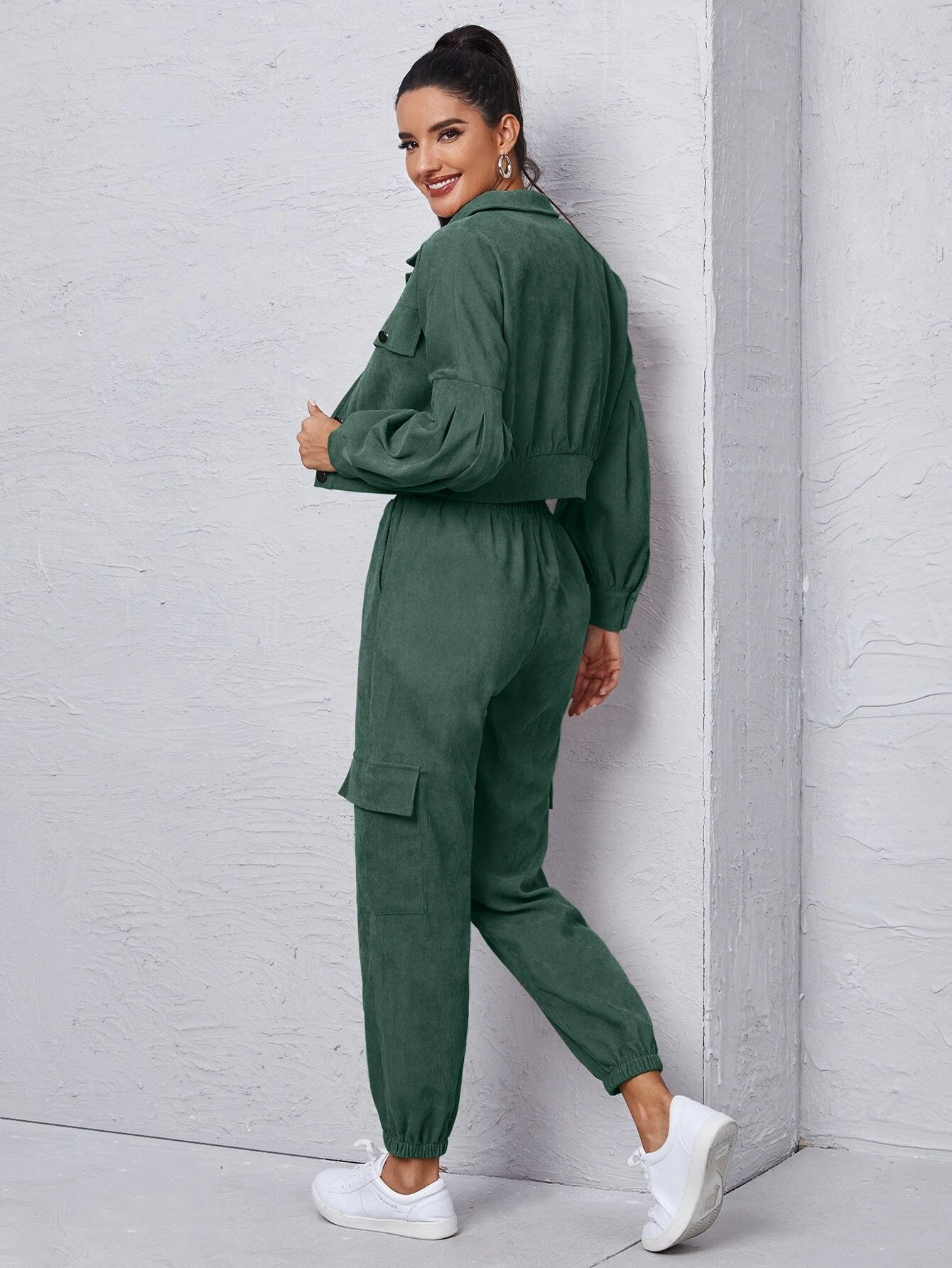 Mulvari Corduroy Flap Detail Jacket With Tie Front Cargo Pants shein