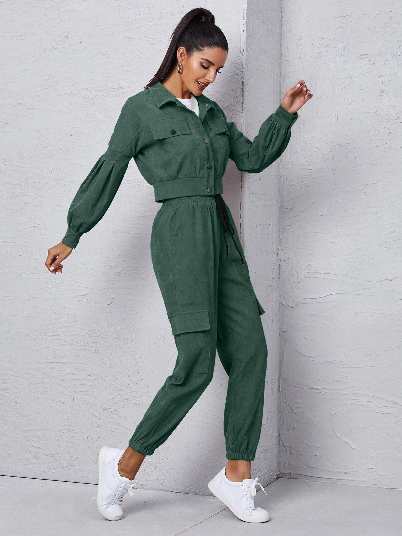 Mulvari Corduroy Flap Detail Jacket With Tie Front Cargo Pants shein