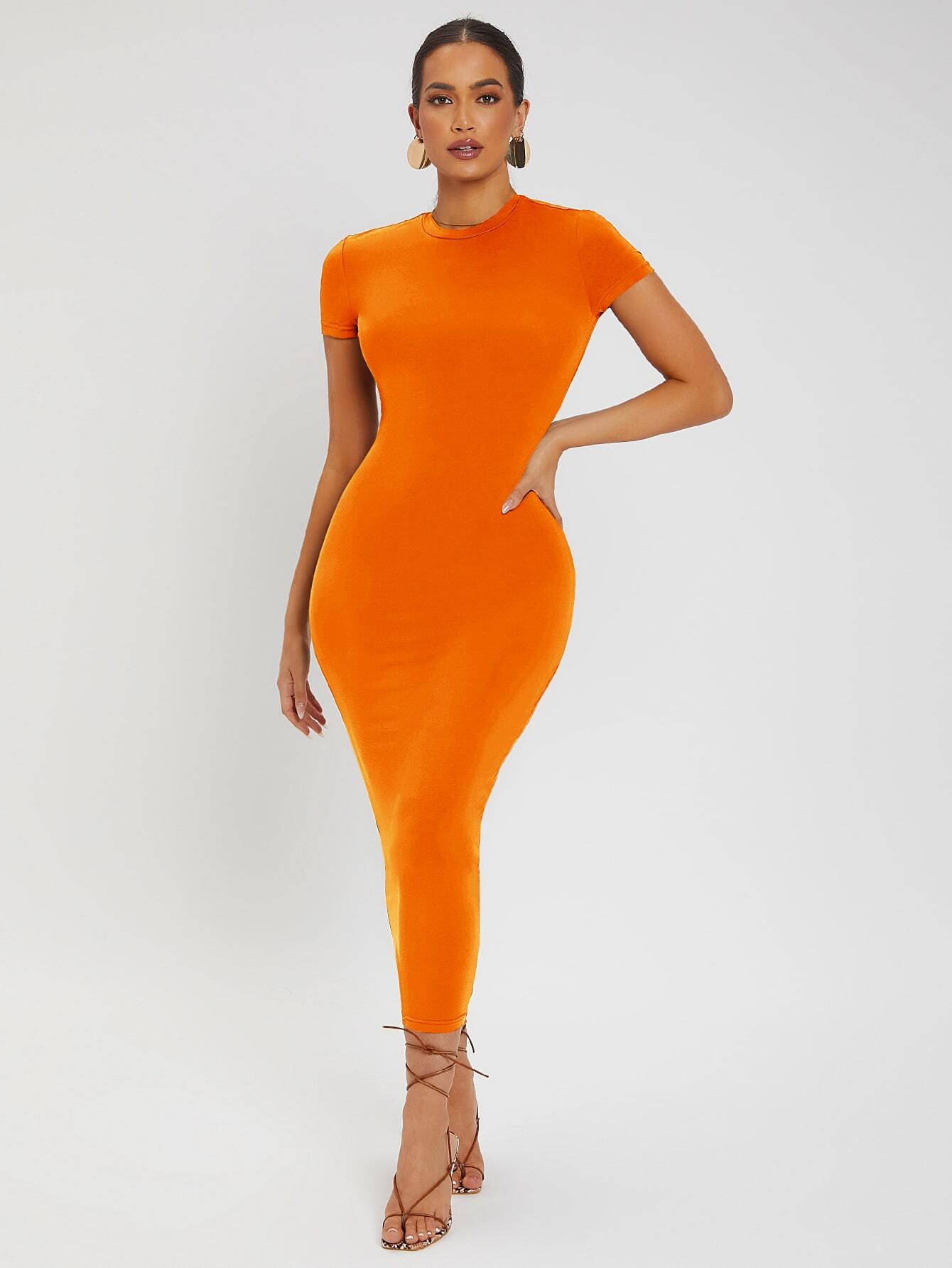 SXY Solid Round Neck Bodycon Dress shein