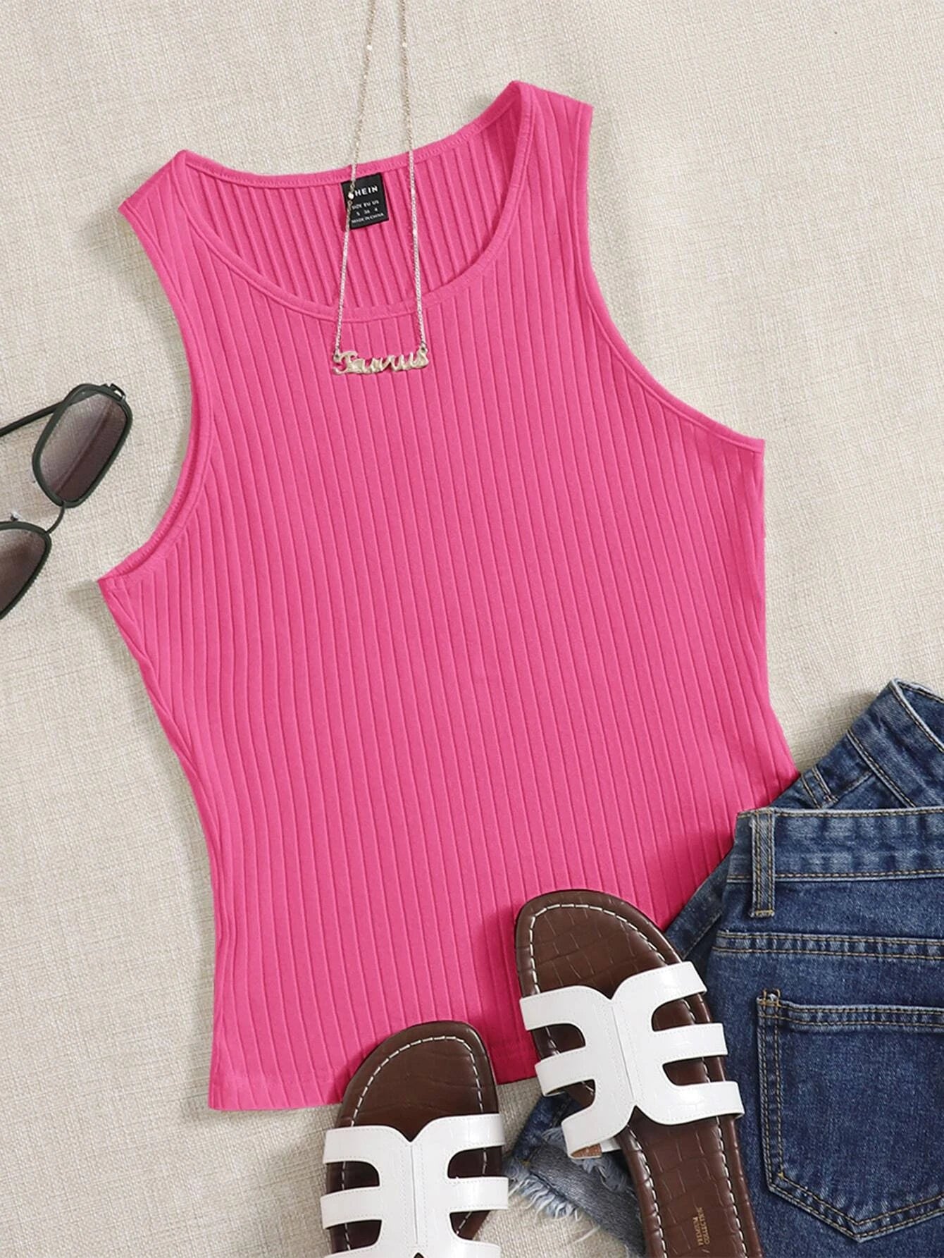 EZwear Solid Rib Knit Tank Top shein