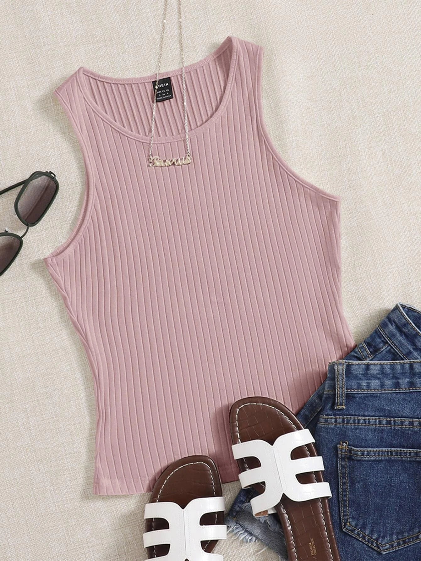 EZwear Solid Rib Knit Tank Top shein