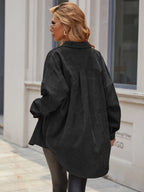 Essnce Women's Plain Color Commuter Casual Front Button Shirt Collar Pocket Detail Faux Leather Coat