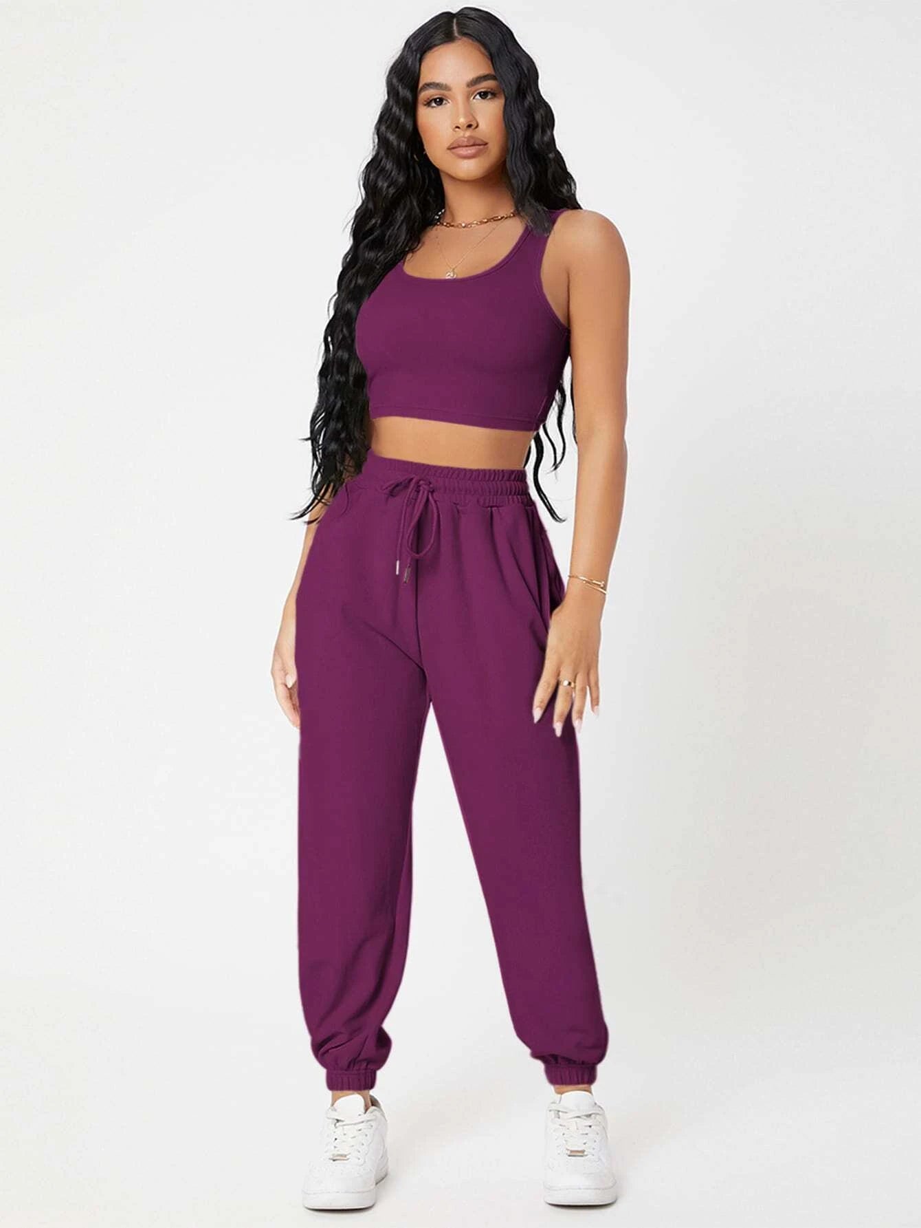 PETITE Solid Crop Tank Top And Joggers Set shein