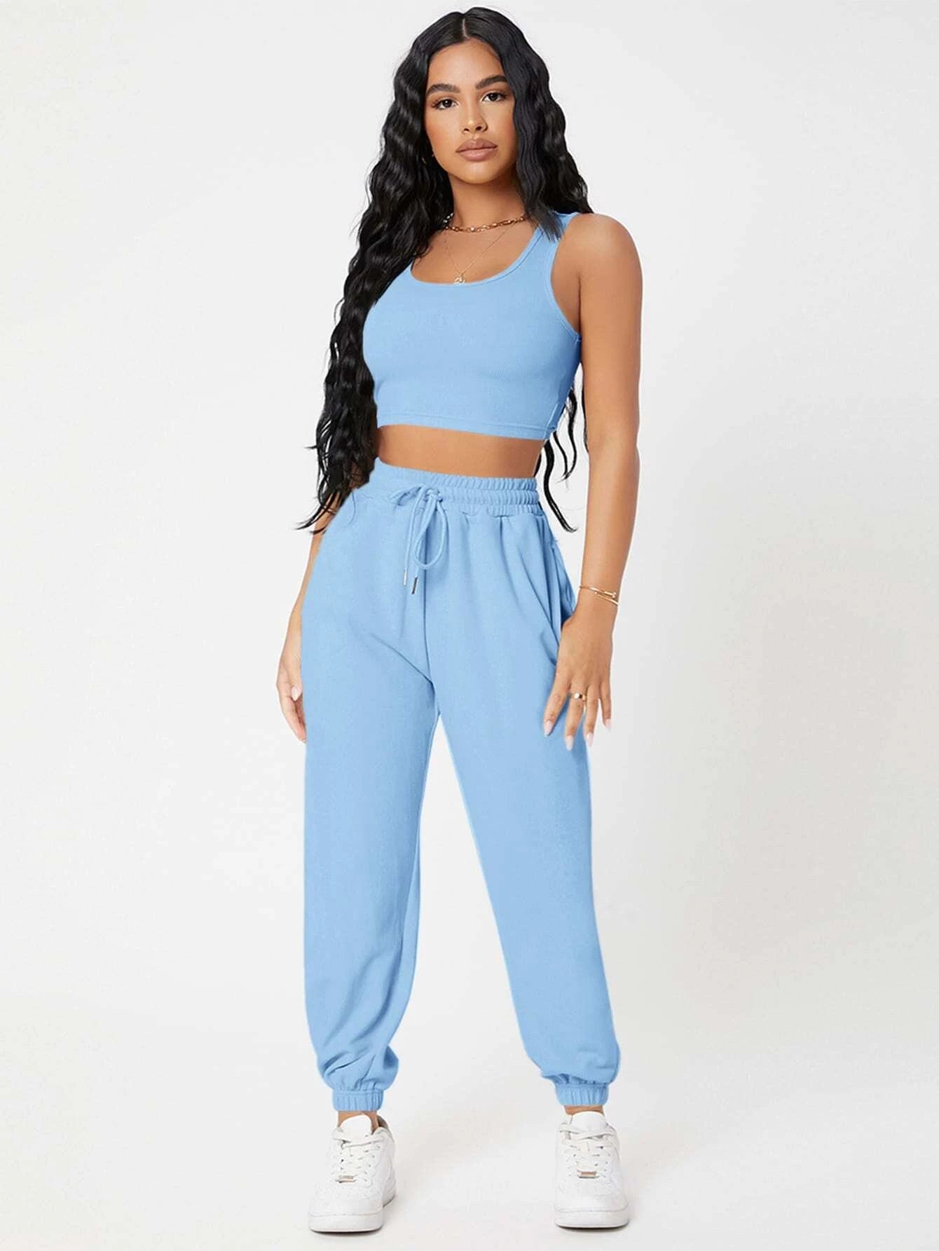 PETITE Solid Crop Tank Top And Joggers Set shein