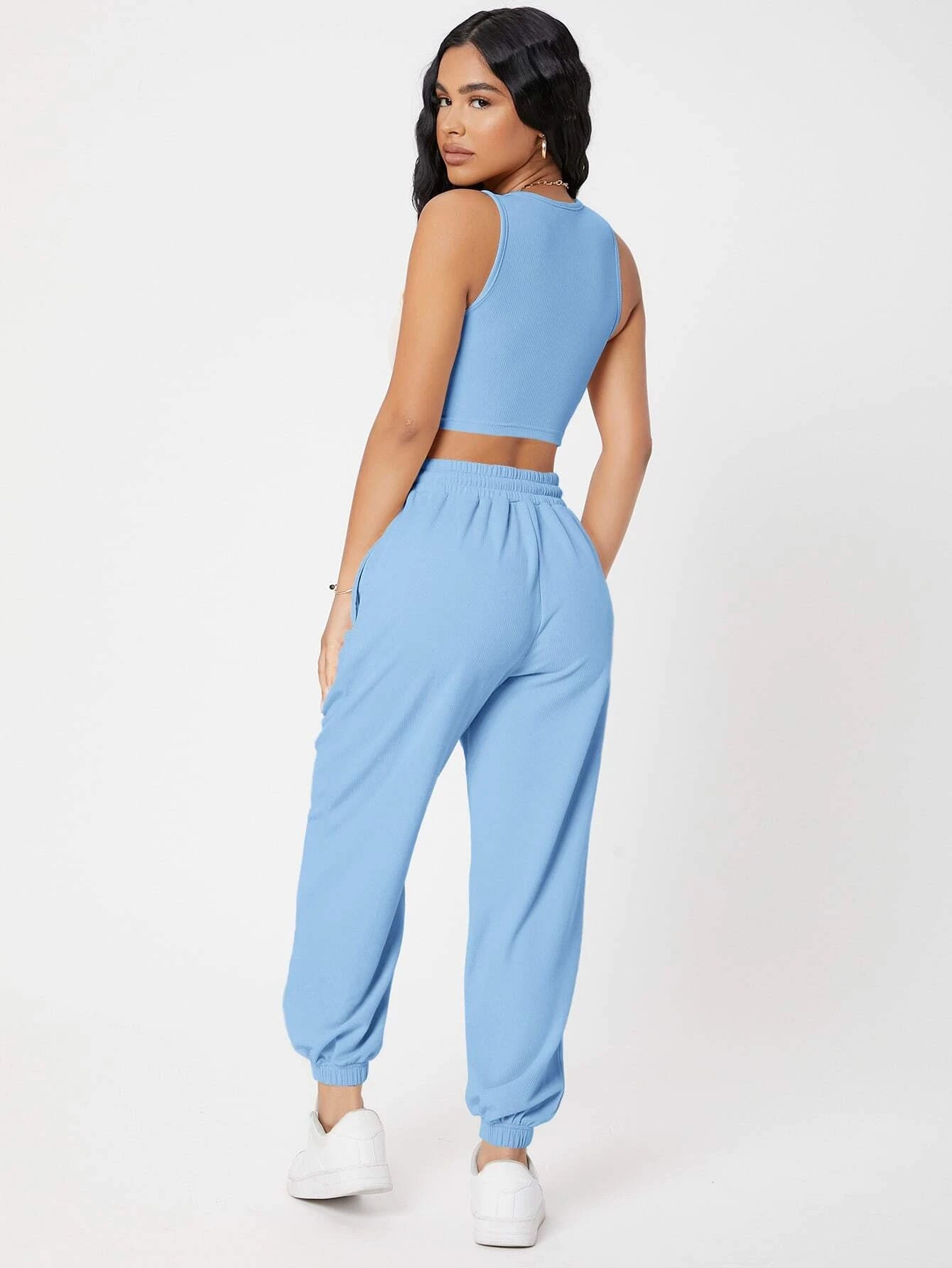 PETITE Solid Crop Tank Top And Joggers Set shein