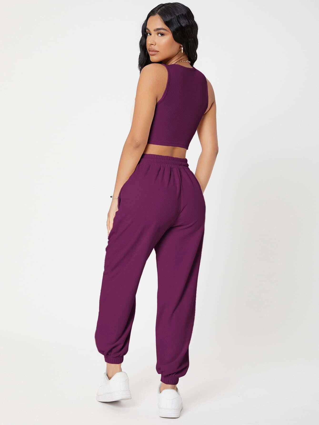 PETITE Solid Crop Tank Top And Joggers Set shein