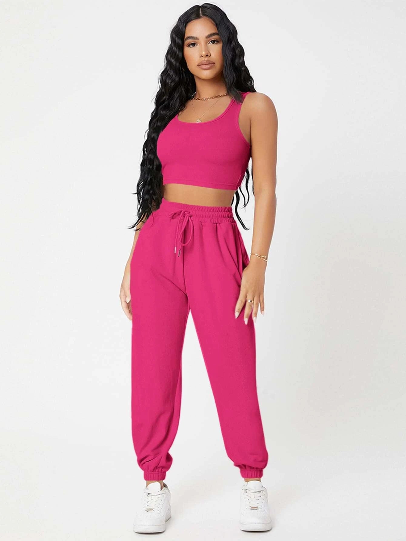 PETITE Solid Crop Tank Top And Joggers Set shein