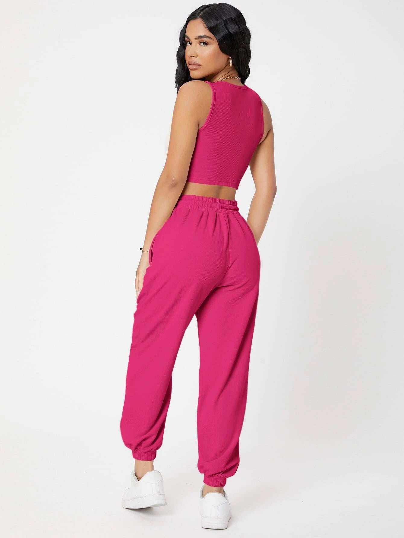 PETITE Solid Crop Tank Top And Joggers Set shein