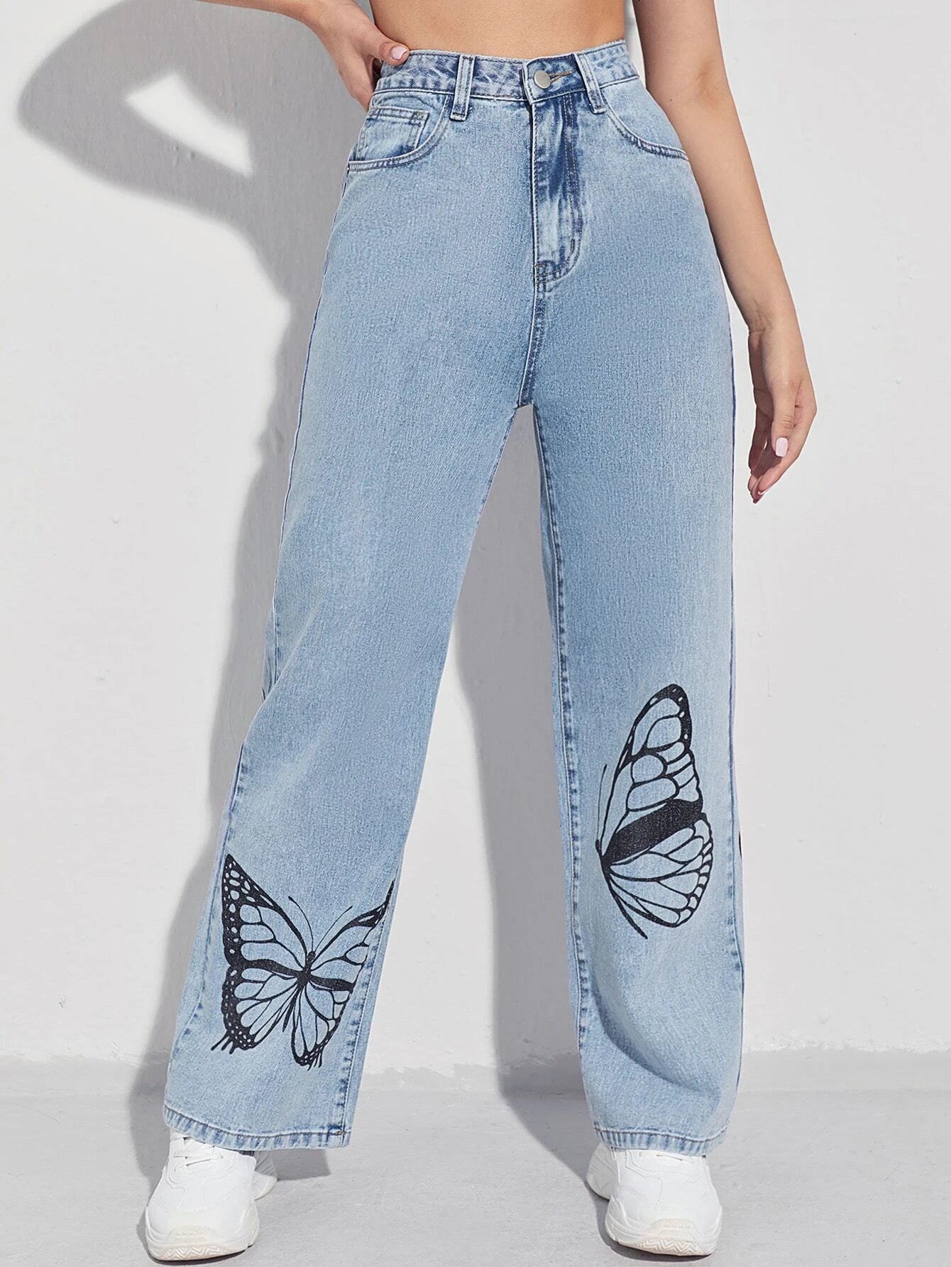 EZwear Butterfly Print Wide Leg Jeans shein