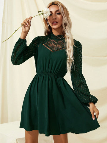 Frenchy Solid Eyelet Lace Dress shein