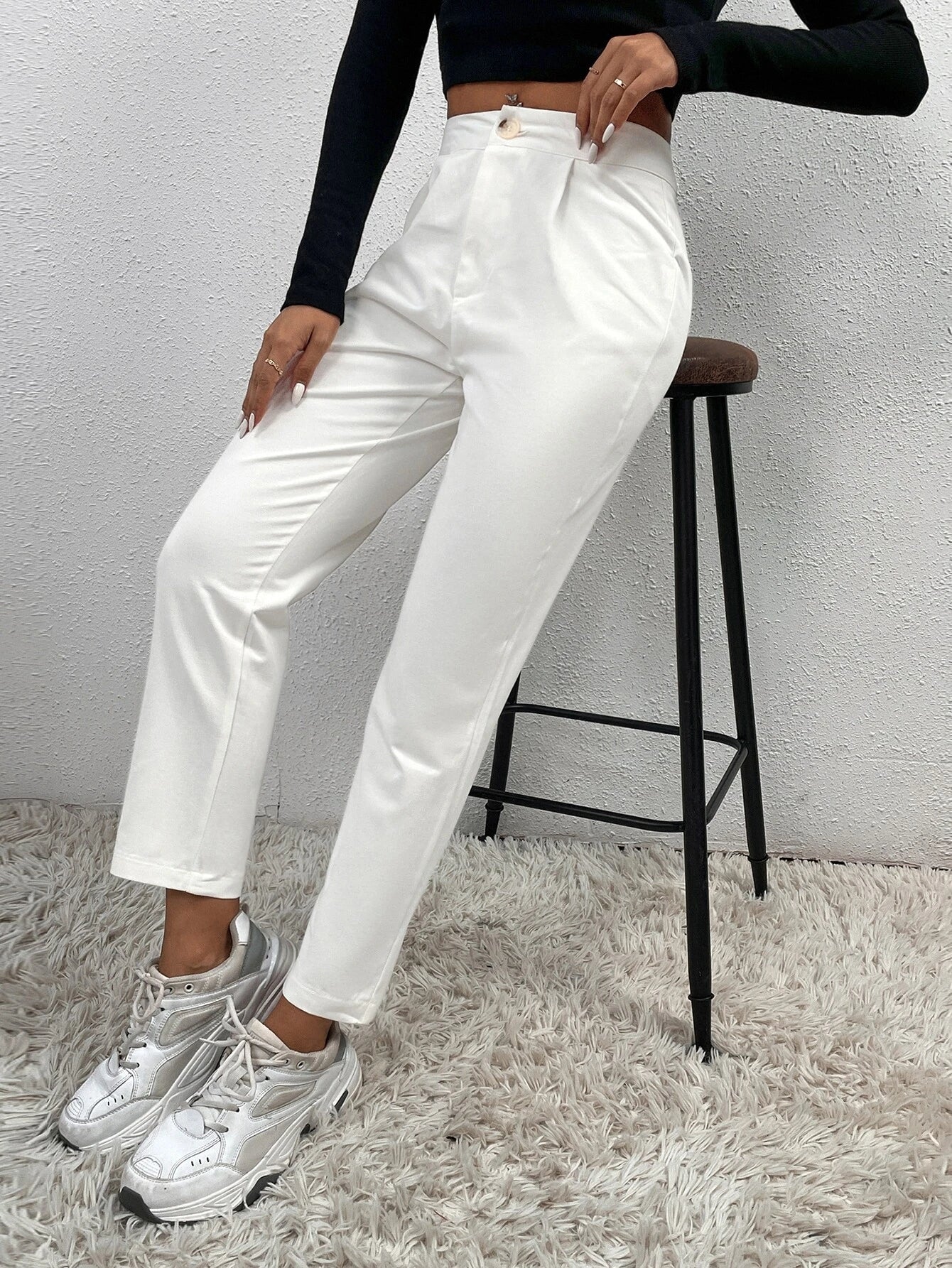 PETITE Solid Fold Pleated White Pants shein