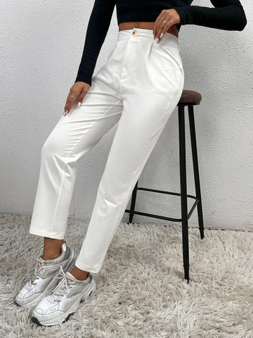 PETITE Solid Fold Pleated White Pants