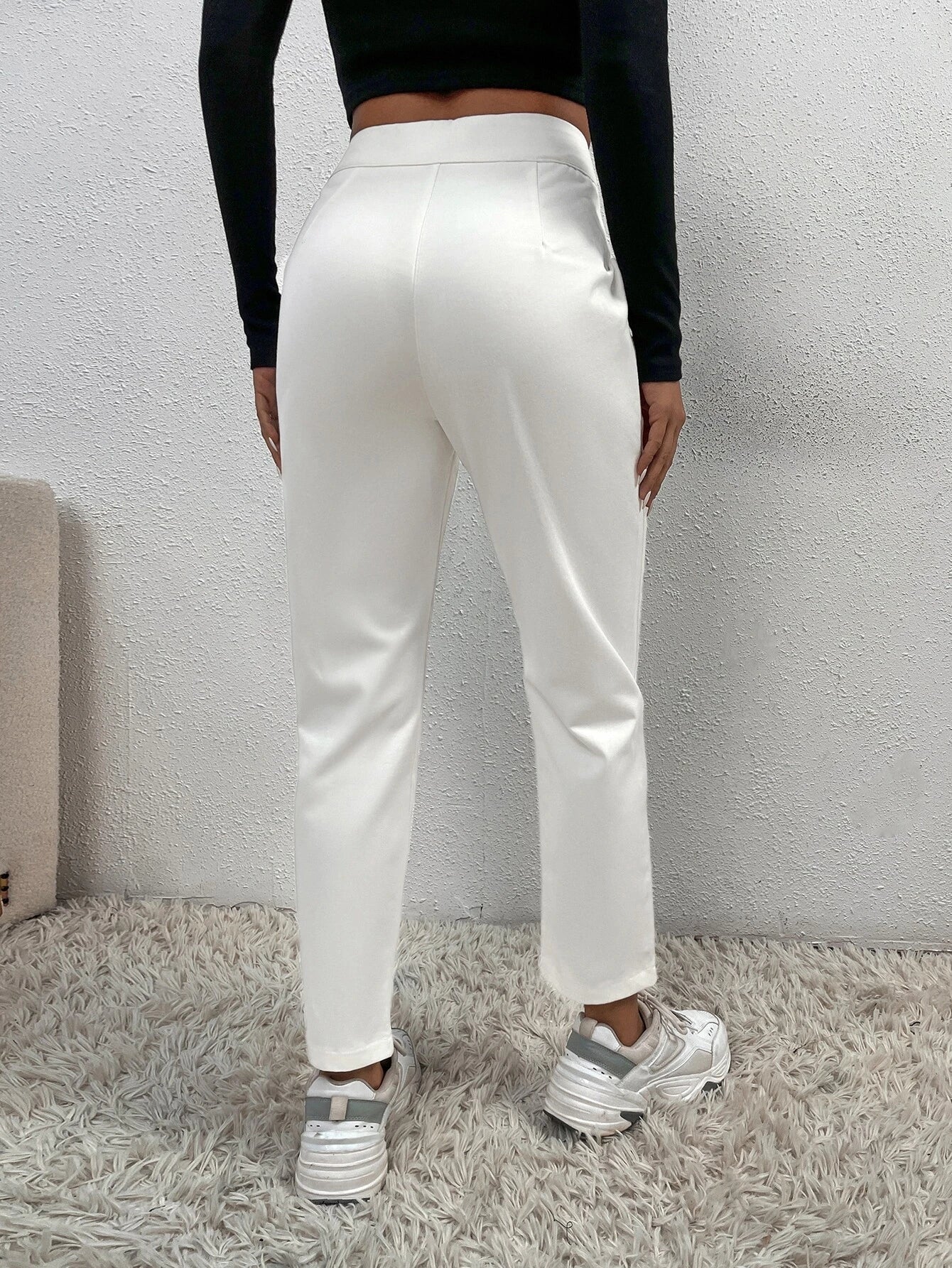 PETITE Solid Fold Pleated White Pants shein