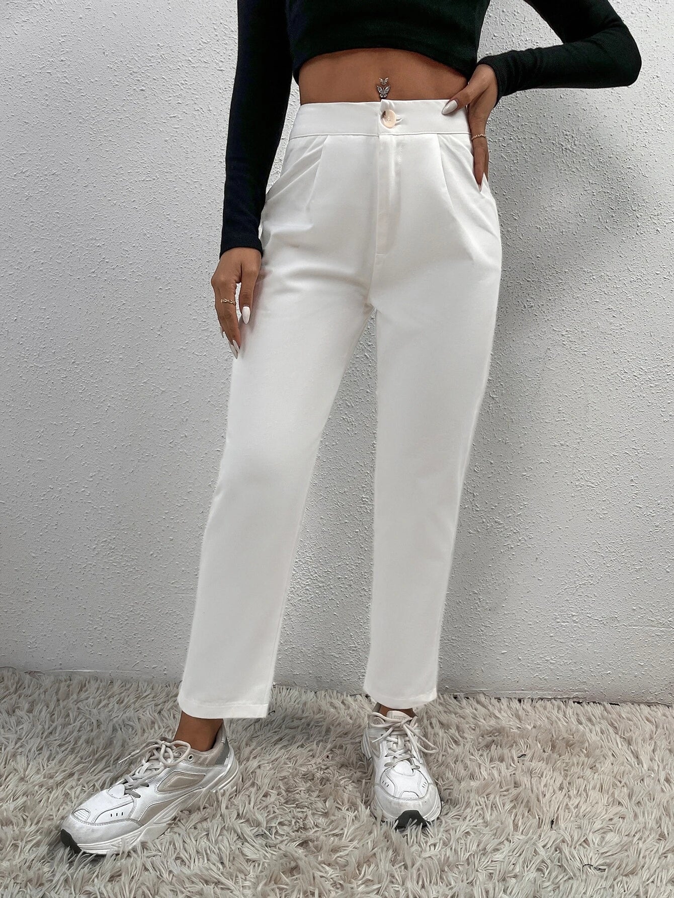 PETITE Solid Fold Pleated White Pants shein