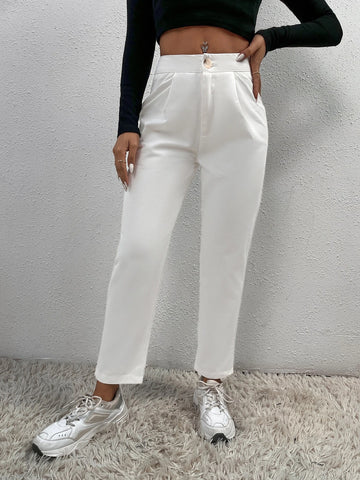 PETITE Solid Fold Pleated White Pants