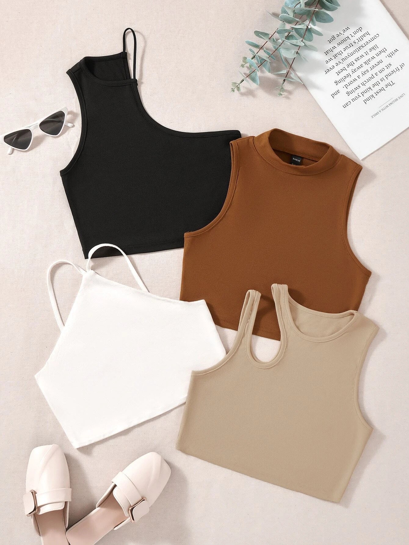 EZwear 4pcs Cut Out Asymmetrical Neck Ribbed Knit Tank Top shein