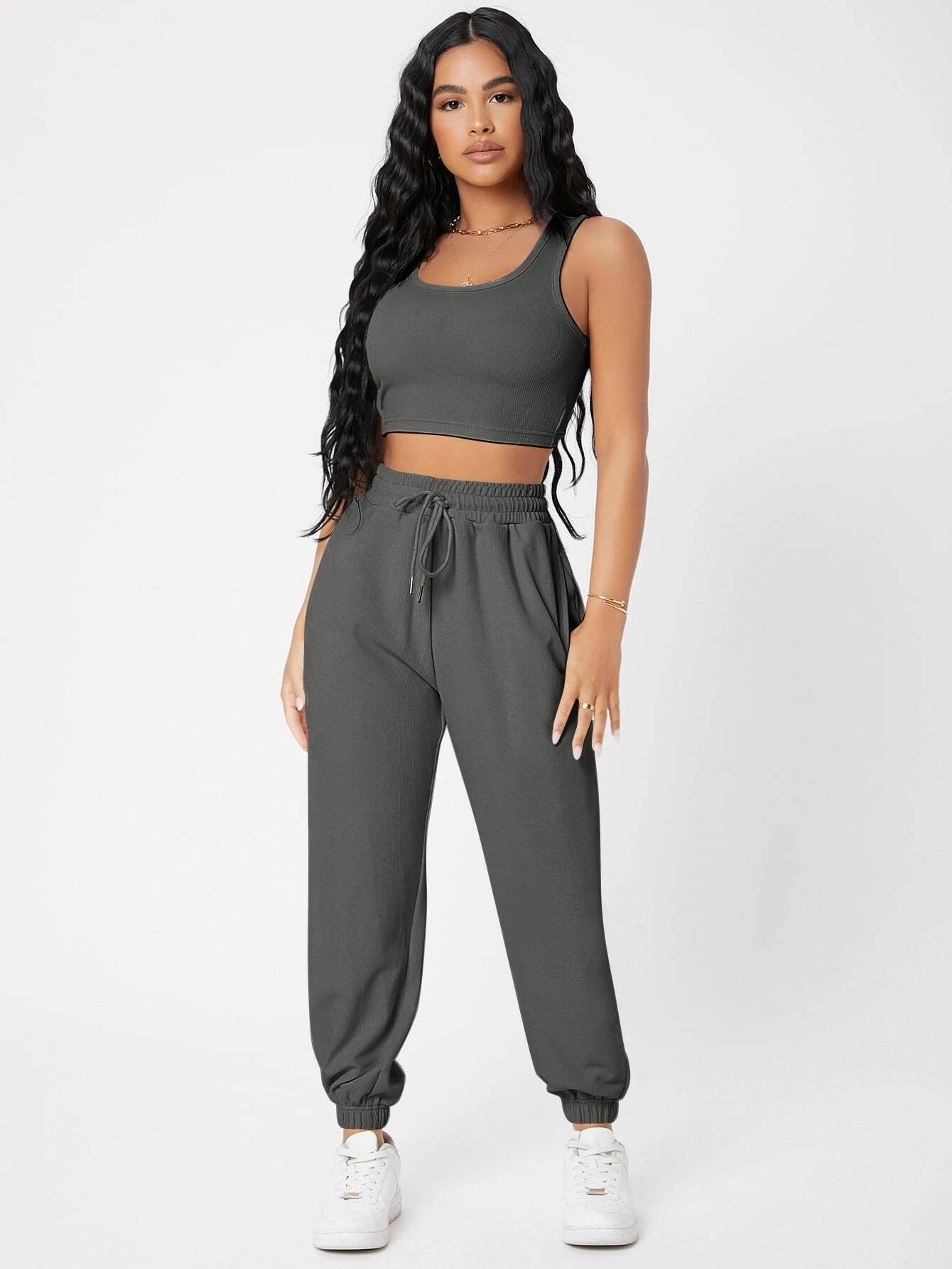 PETITE Solid Crop Tank Top And Joggers Set shein