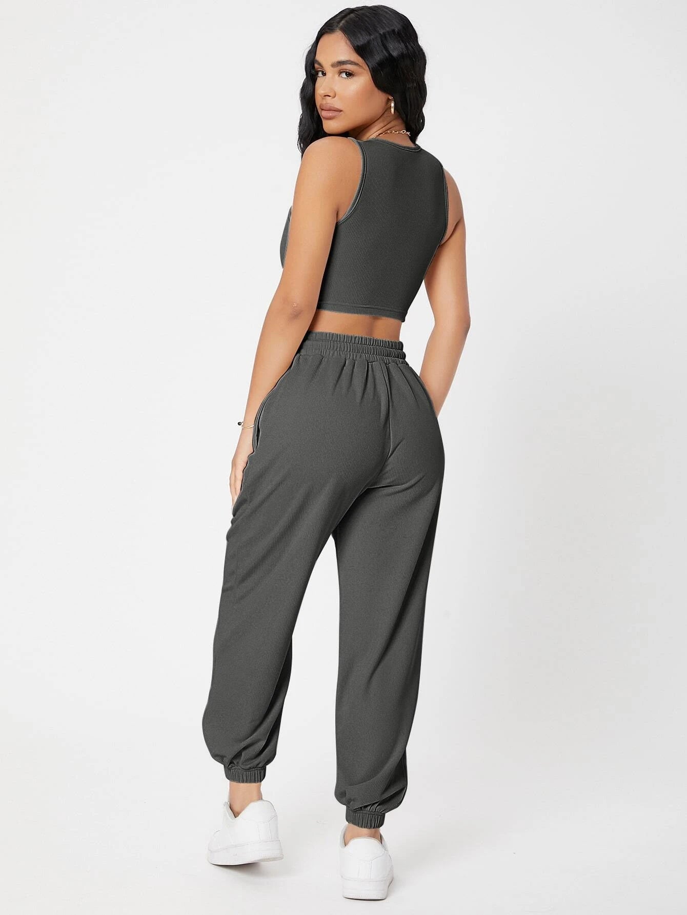 PETITE Solid Crop Tank Top And Joggers Set shein