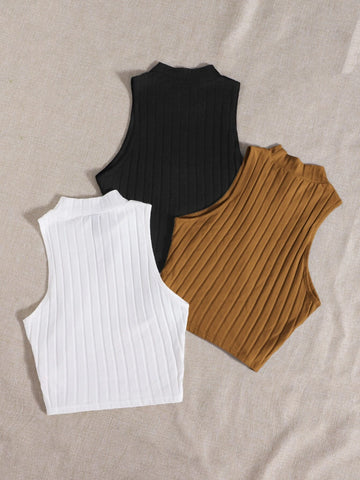 Essnce Plus 3pcs Mock Neck Rib-knit Tank Top shein