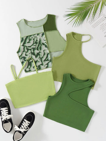 EZwear 3pcs Ribbed Knit Tank Top & 1pc Cami Top shein