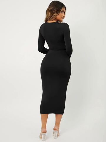 SXY Solid Slim Fit Crop Top & High Waist Pencil Skirt