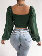 Privé Women's Solid Color Drawstring Pullover Shirt With Pleated Lantern Sleeves shein