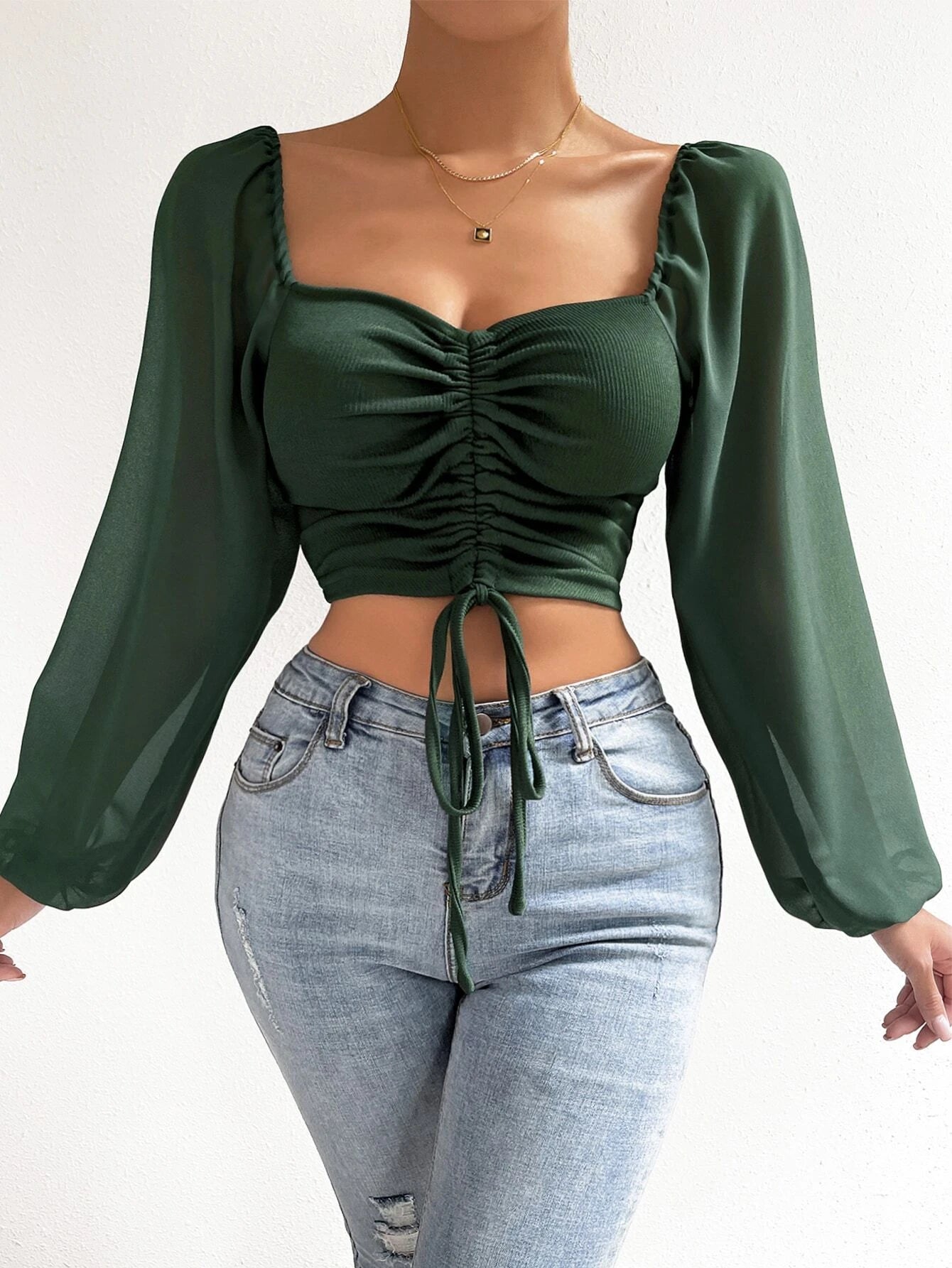 Privé Women's Solid Color Drawstring Pullover Shirt With Pleated Lantern Sleeves shein
