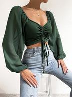 Privé Women's Solid Color Drawstring Pullover Shirt With Pleated Lantern Sleeves shein