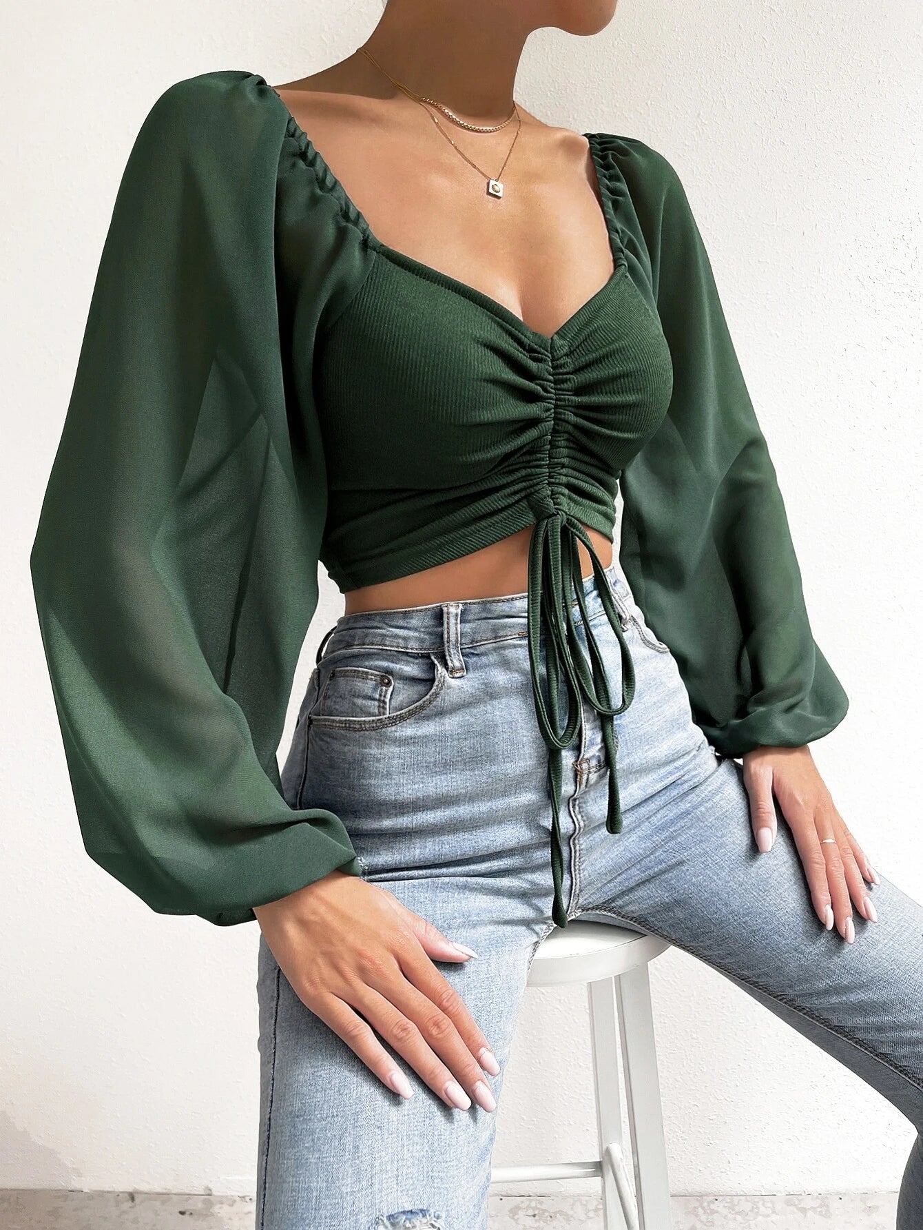 Privé Women's Solid Color Drawstring Pullover Shirt With Pleated Lantern Sleeves shein