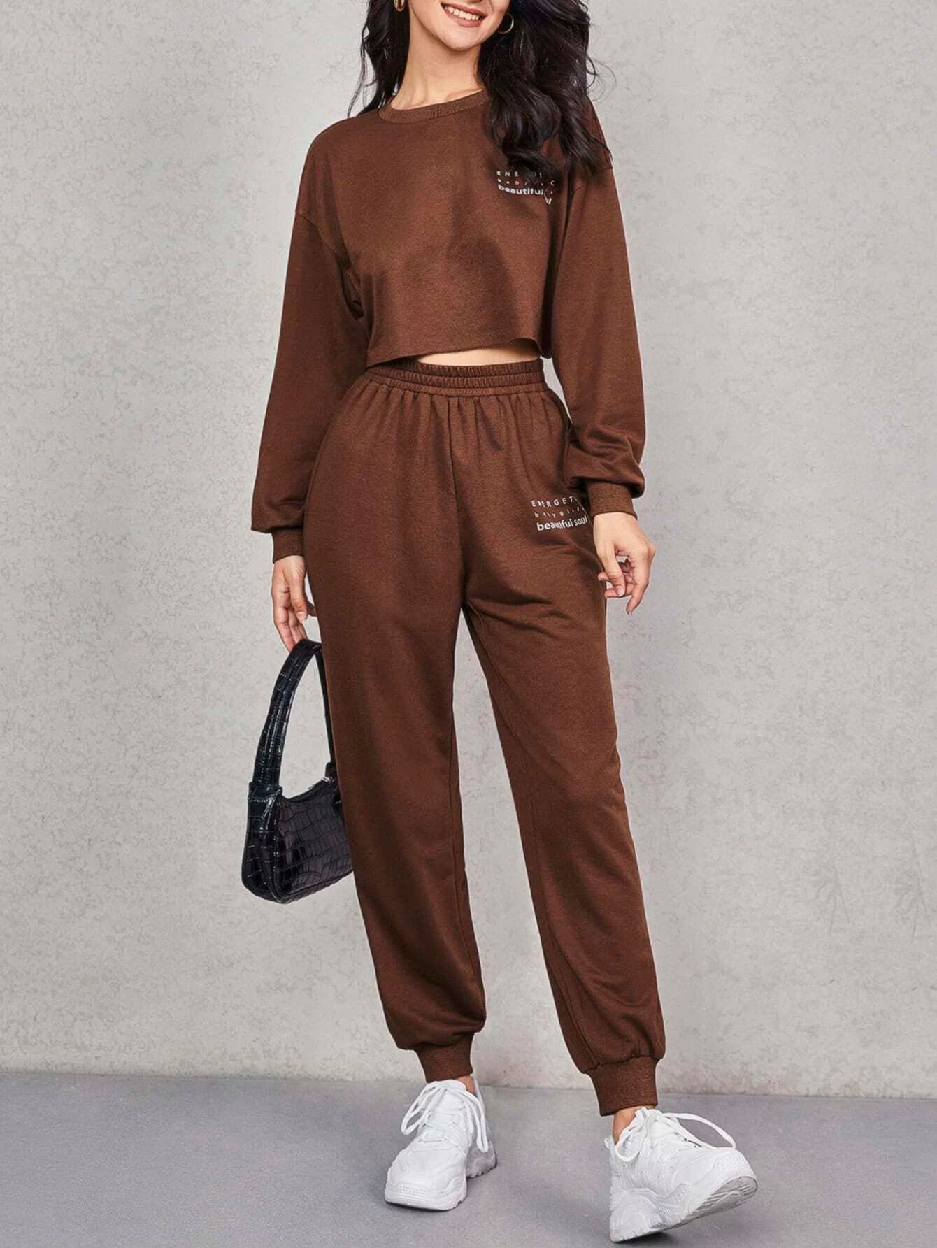 EZwear Letter Graphic Drop Shoulder Pullover & Sweatpants Set shein