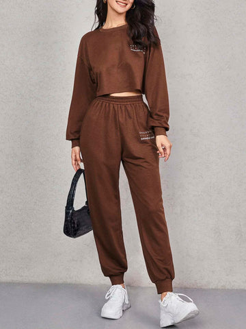 EZwear Letter Graphic Drop Shoulder Pullover & Sweatpants Set