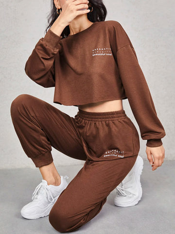 EZwear Letter Graphic Drop Shoulder Pullover & Sweatpants Set