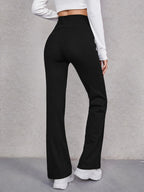 EZwear Wide Waistband Flare Leg Pants shein
