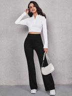 EZwear Wide Waistband Flare Leg Pants shein