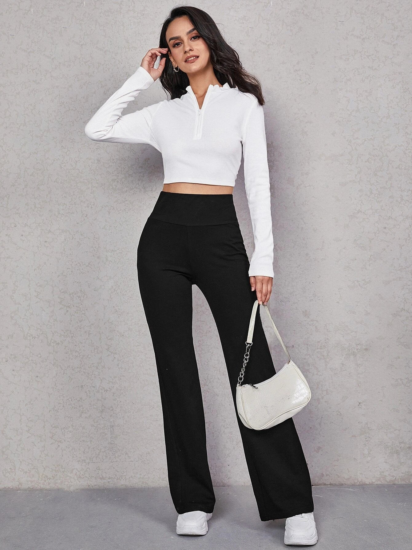 EZwear Wide Waistband Flare Leg Pants shein