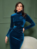 Modely Solid Mock Neck Velvet Dress shein