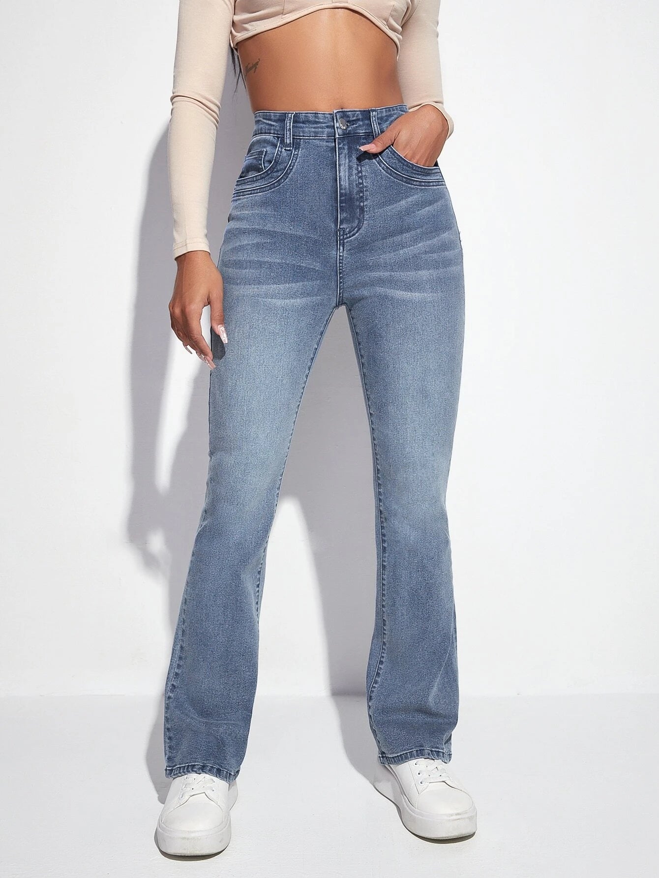 EZwear High Waist Bleach Wash Flare Leg Jeans shein