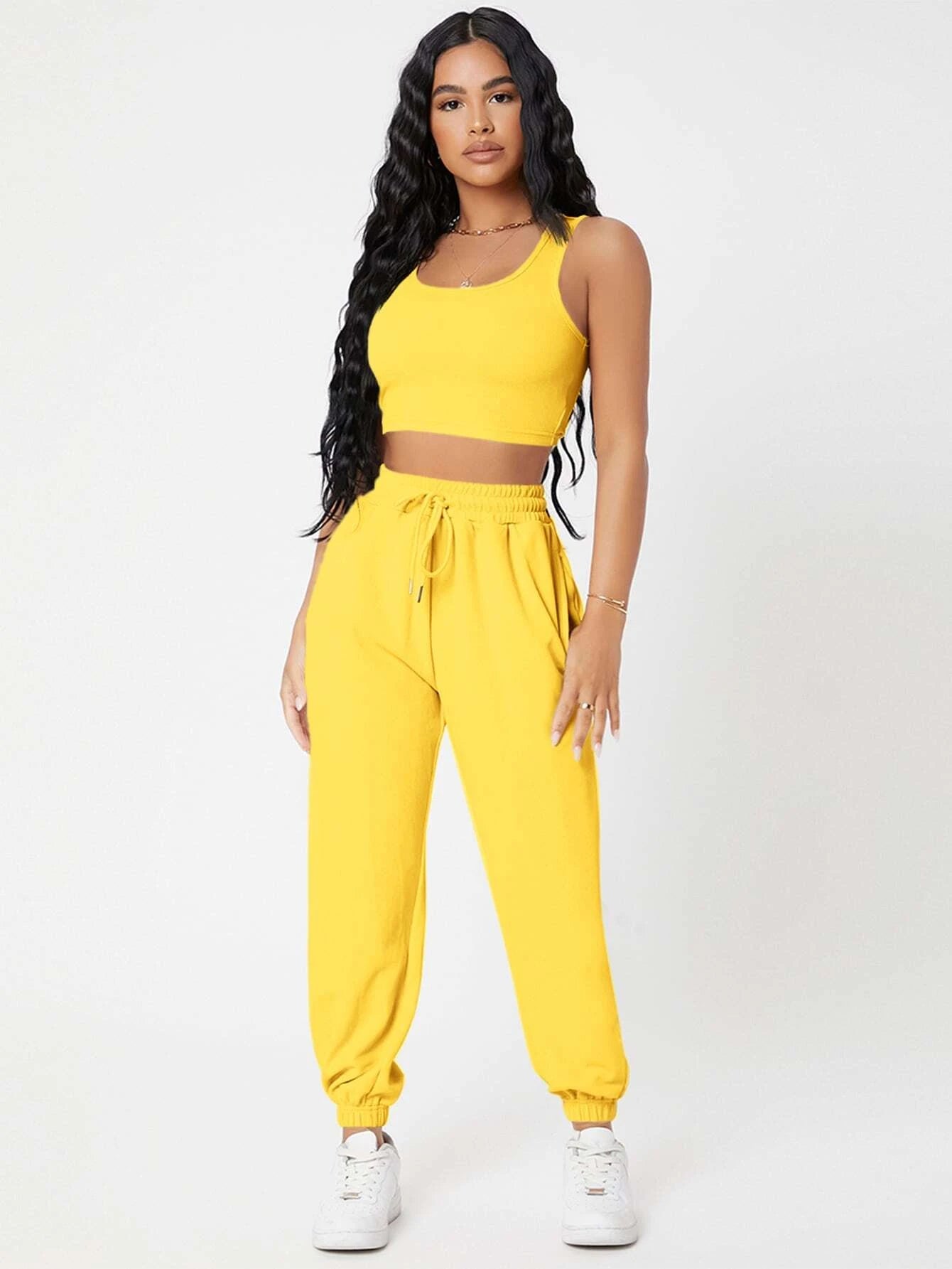 PETITE Solid Crop Tank Top And Joggers Set shein