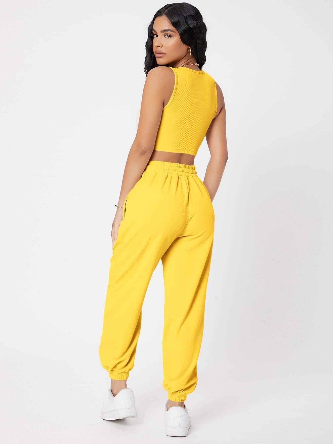 PETITE Solid Crop Tank Top And Joggers Set shein