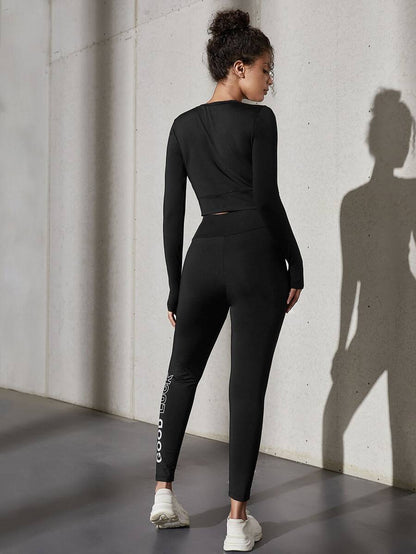 2pcs Letter Graphic Workout Suit Running Set & Crop Tee Tummy Control Tights