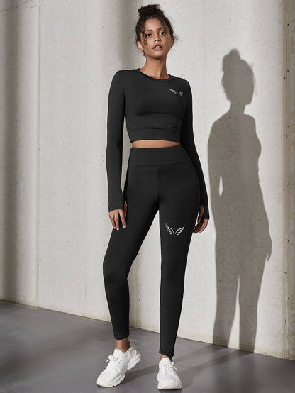 2pcs Letter Graphic Workout Suit Running Set & Crop Tee Tummy Control Tights