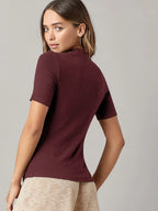 BASICS Mock-Neck Rib-knit Top shein