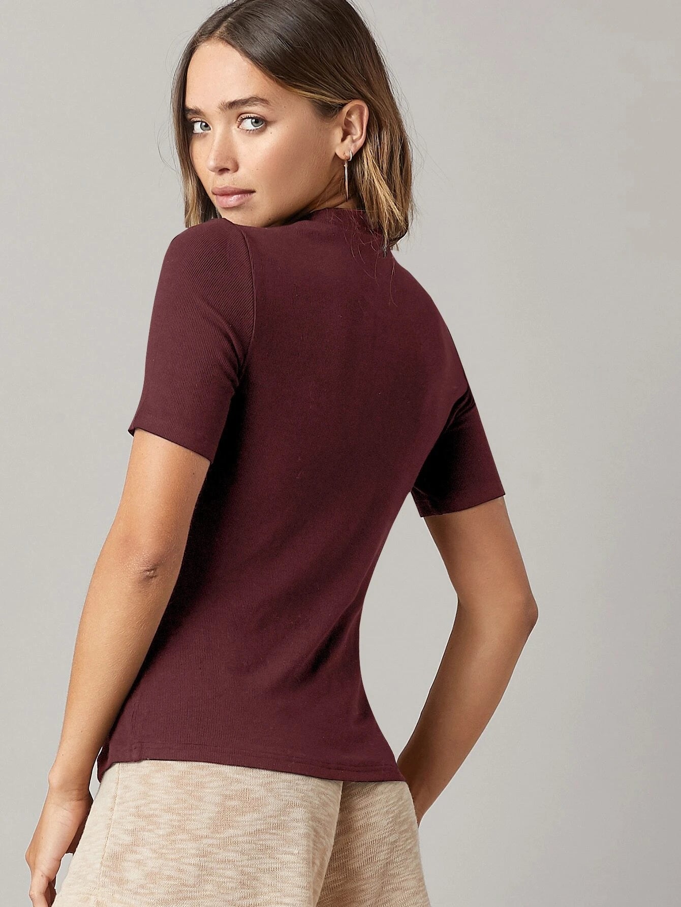 BASICS Mock-Neck Rib-knit Top shein