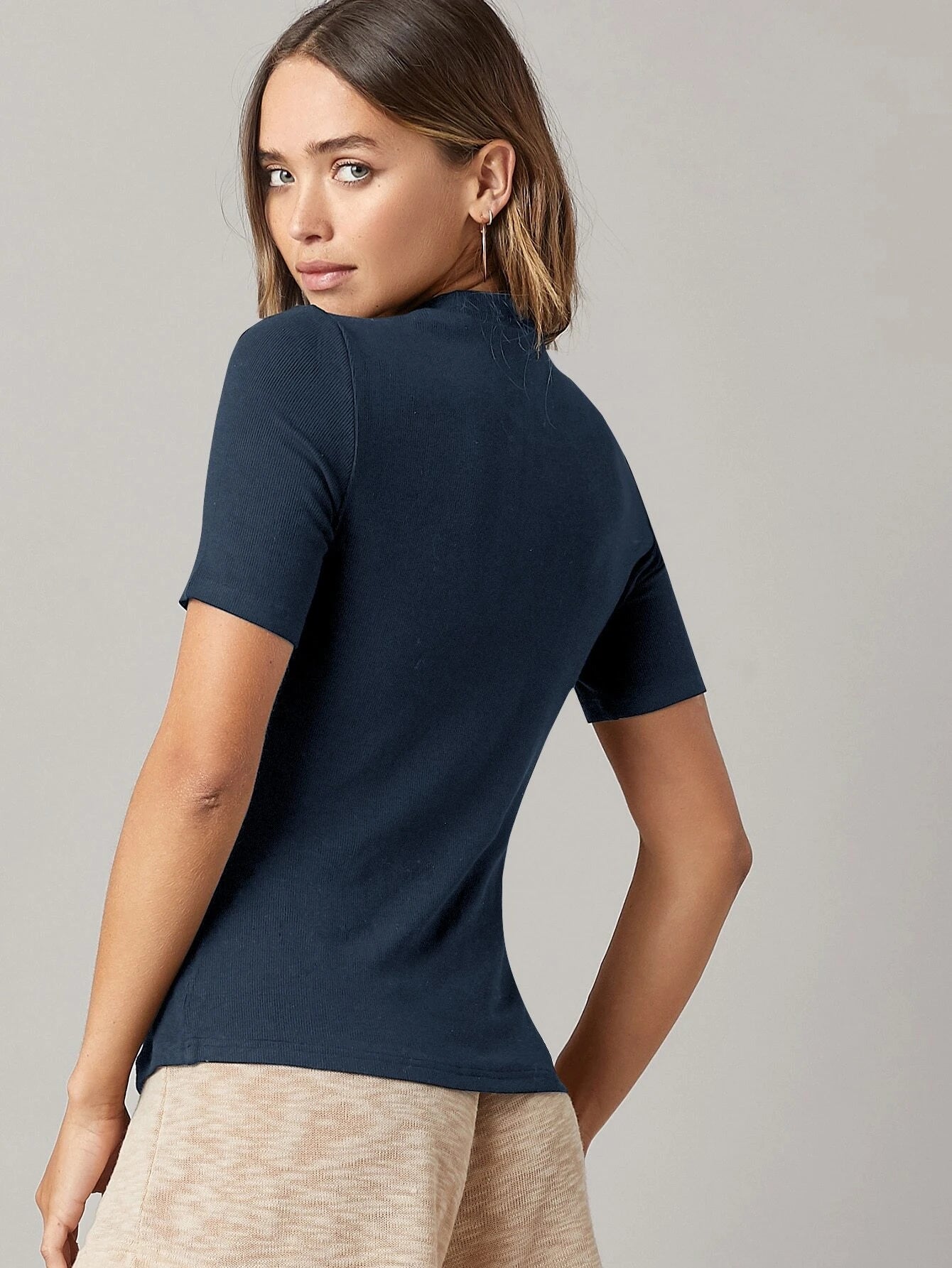 BASICS Mock-Neck Rib-knit Top shein