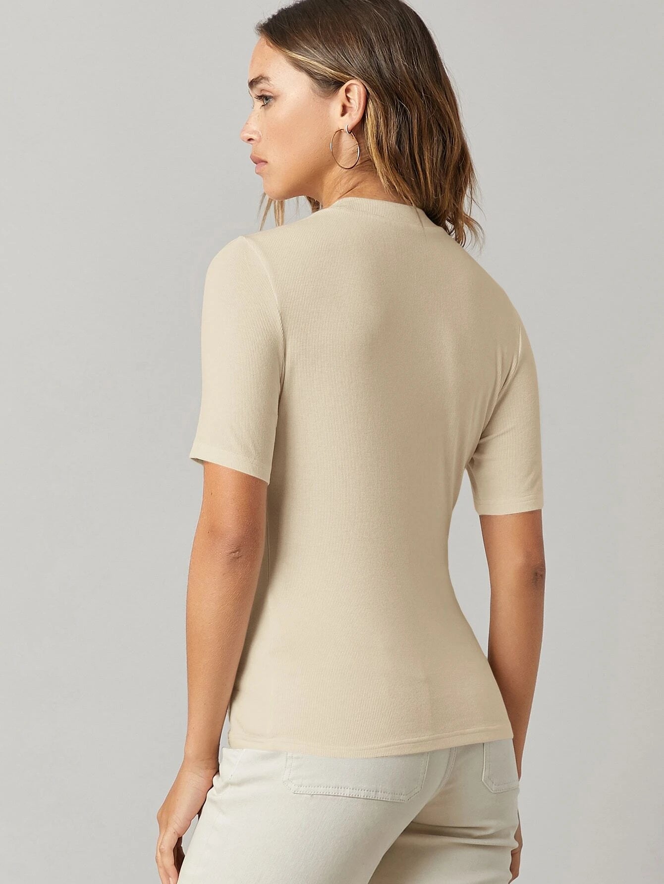 BASICS Mock-Neck Rib-knit Top shein