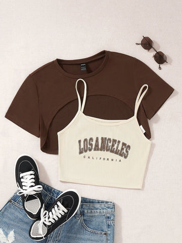 EZwear Letter Graphic Cami Top & High Low Tee shein