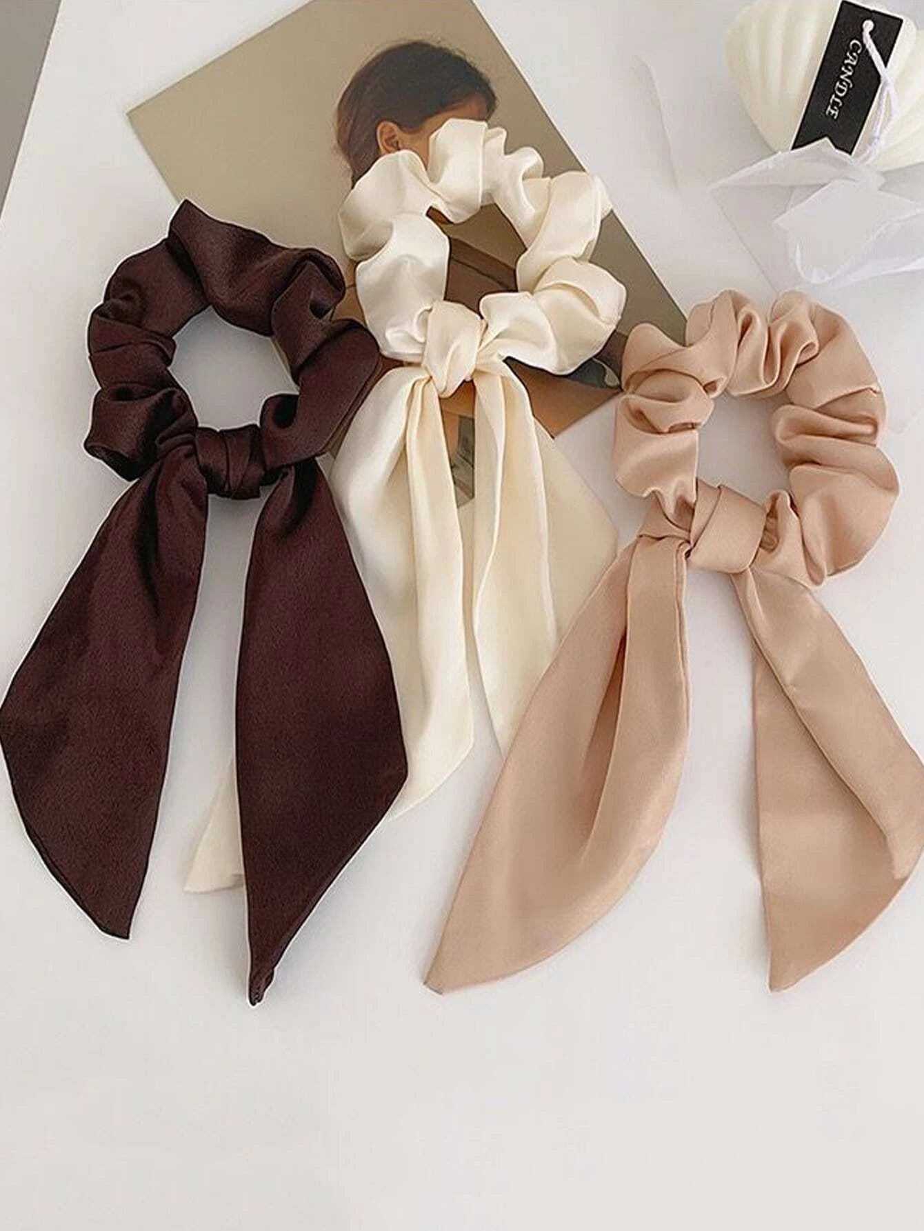 3pcs Ladies' Black, Khaki, Coffee Satin Ribbon Headband & Hair Ties; Fashionable, Versatile, Elegant shein