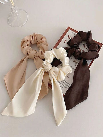 3pcs Ladies' Black, Khaki, Coffee Satin Ribbon Headband & Hair Ties; Fashionable, Versatile, Elegant shein