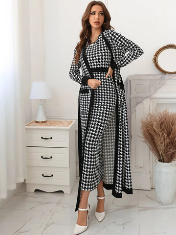 Modely Houndstooth Slit Back Bodycon Dress & Patched Pocket Belted Coat